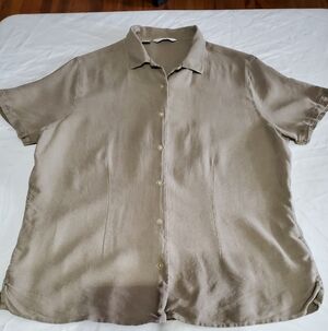 Cutter & Buck 100% Silk Button Front Blouse Tan Short Sleeve Classic XL